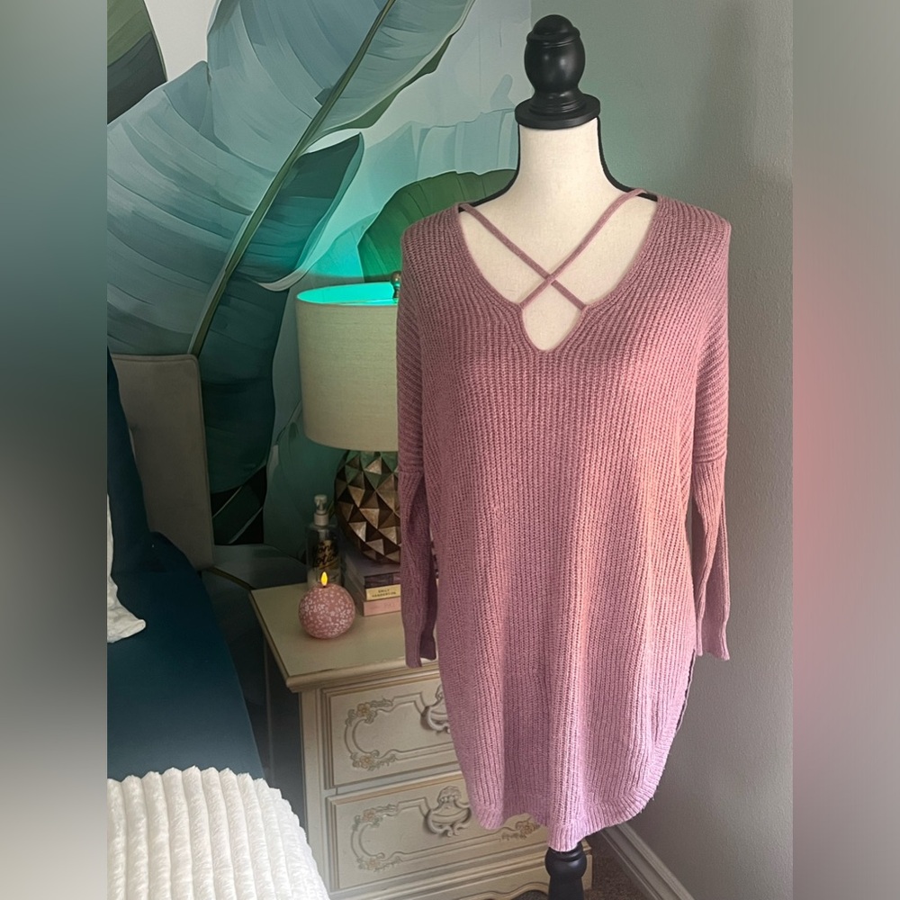 Express V Neck Knit Sweater Mauve Pink 3/4 Length Sleeve Size Medium